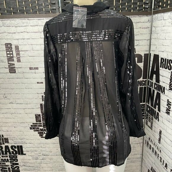 Roaman's 12W Black Sheer Sequin Collar Button Knotted Front Long Sleeve Blouse - Picture 4 of 6